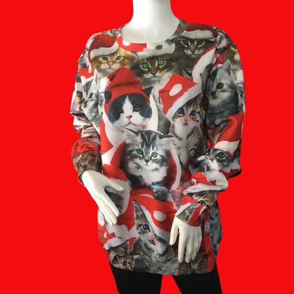 Cat Lovers Christmas Long Sleeve Sweatshirt With Santa Hat Print - Picture 1 of 7